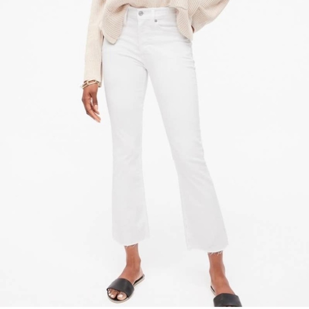 JCrew Billie 9in demi boot, cropped white jean.